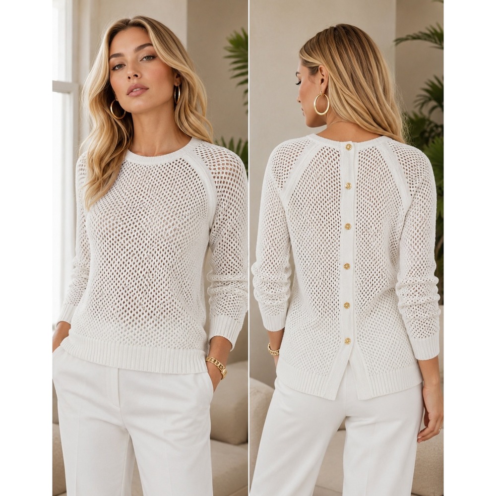 Michael Kors White Open Knit Button Back Sweater Womens Large Raglan Mesh luxury